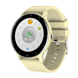 Beige smartwatch with round display on white background