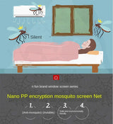 Illustration of a person sleeping under a mosquito net with text about a nano PP encryption mosquito screen net.