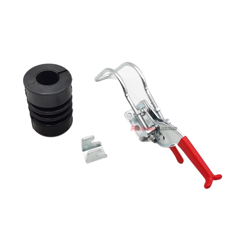 A metal clamp tool with red handles, shown alongside a black cylindrical rubber grommet and two small metal clips on a plain white background.