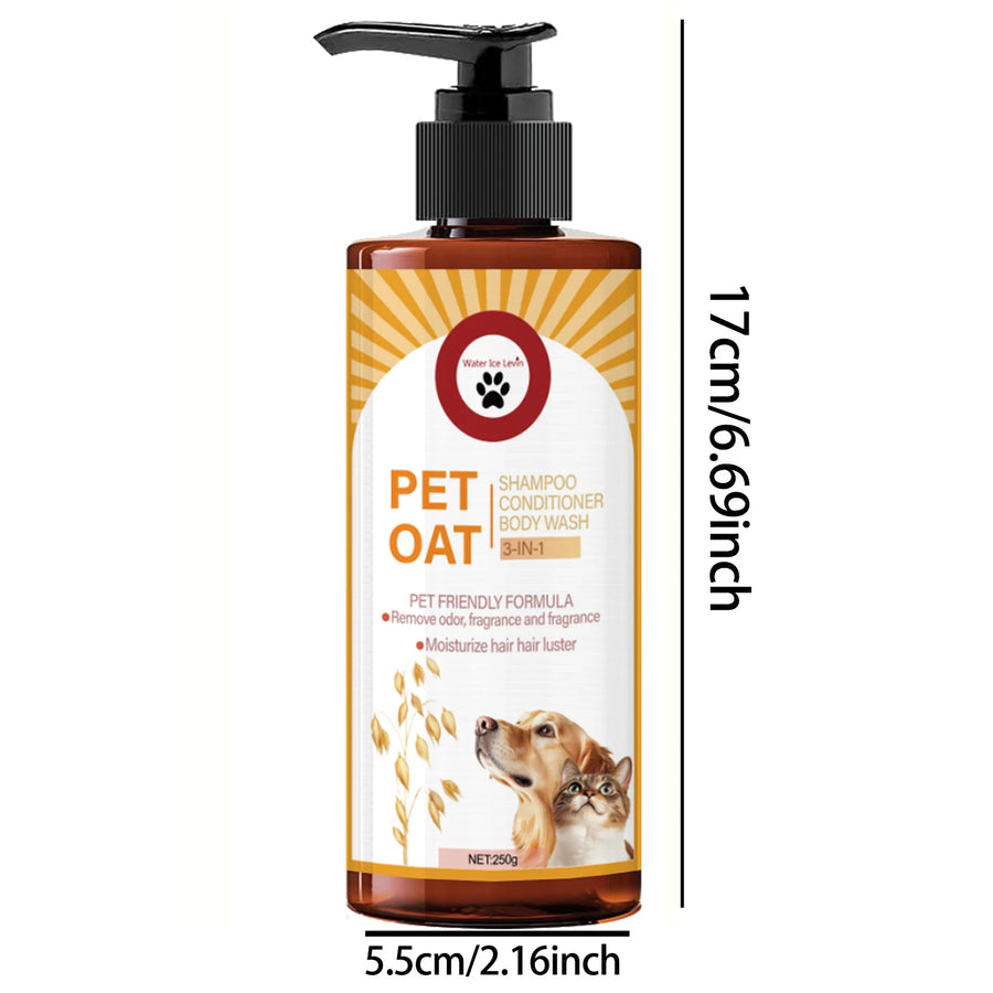 Deodorizing pet shampoo for dogs and cats – shampoo bottle with dimension label on white background