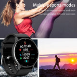 Smartwatch with fitness tracking display, woman exercising and person hiking at sunset
