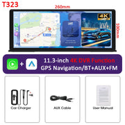 Vtopek 11.3-inch HD Carplay Screen showcasing GPS navigation, 4K display, and included accessories like car charger and AUX cable.