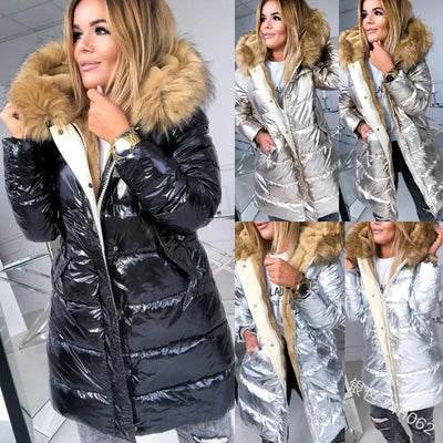 womens puffer jacket faux fur collar in black and silver with stylish fur hoods, showcasing modern outerwear for women.