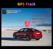 Car with GPS tracking details including coordinates, speed, and time against a snowy landscape.
