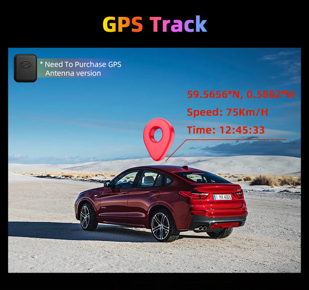 Car with GPS tracking details including coordinates, speed, and time against a snowy landscape.