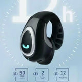 Black open-ear clip-on earbud with driver specification callouts