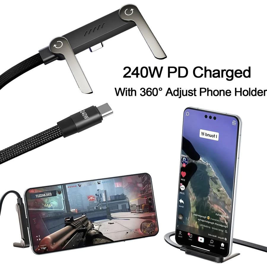 240W 2-in-1 Braided Type-C Cable with Foldable Stand – for Phones & Laptops