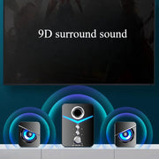 Wired desktop speakers with USB connection offering HiFi stereo sound and 9D surround sound effect.