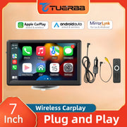 7-inch wireless car stereo with touchscreen, Apple CarPlay and Android Auto features, plus remote control included.