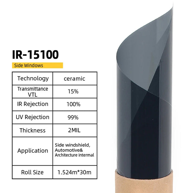 High heat resistant car window tint roll with ceramic technology for sun protection and privacy, suitable for various vehicles.
