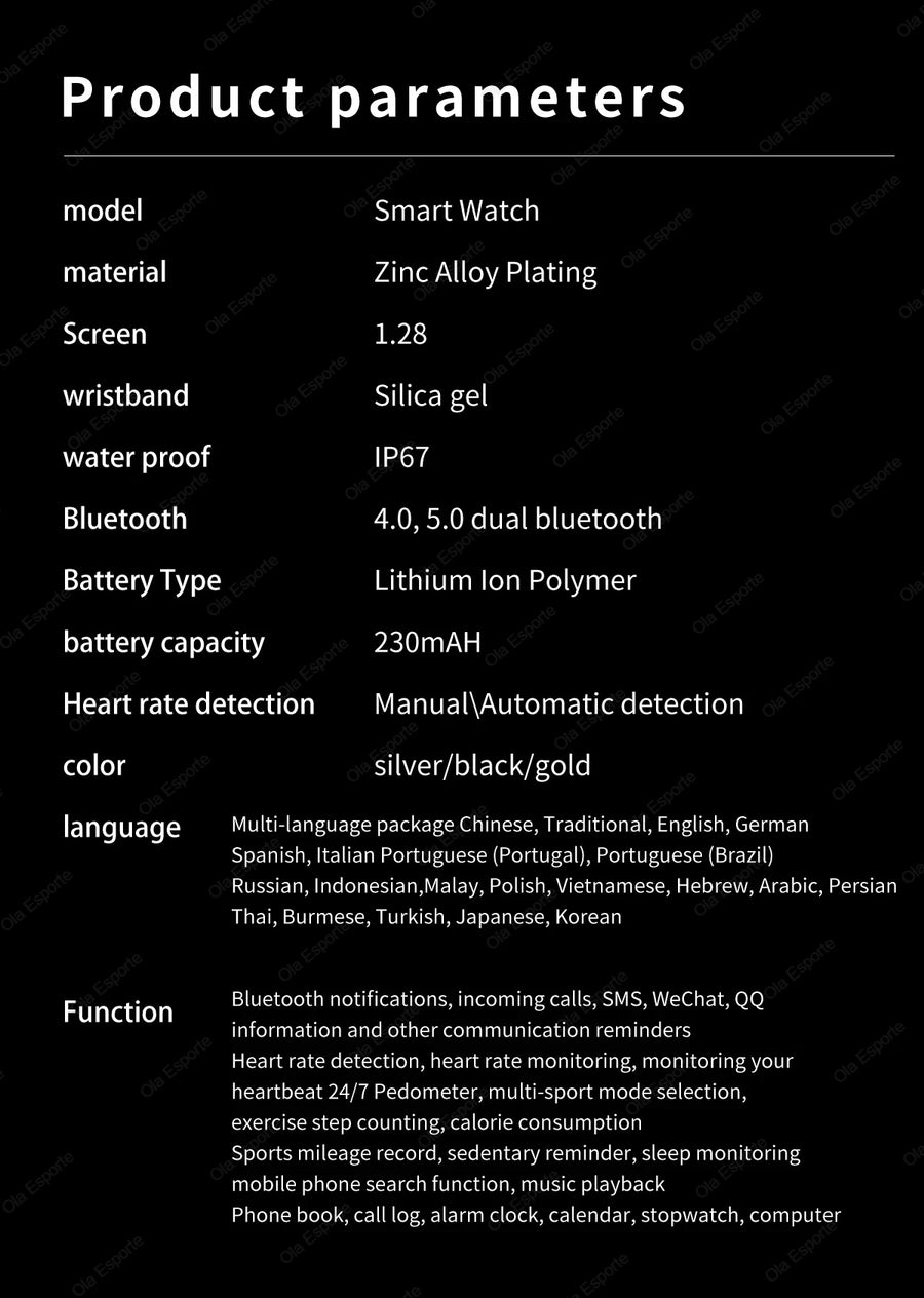 Women's Smart Watch 6 product parameters and specifications chart on white background