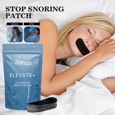 Mouth tape for sleeping – woman sleeping with anti-snoring mouth strips and packaging on bed