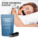 Sleep aid mouth tape product with 'Elevate+' packaging and 'Stop Snoring Patch' text next to a person