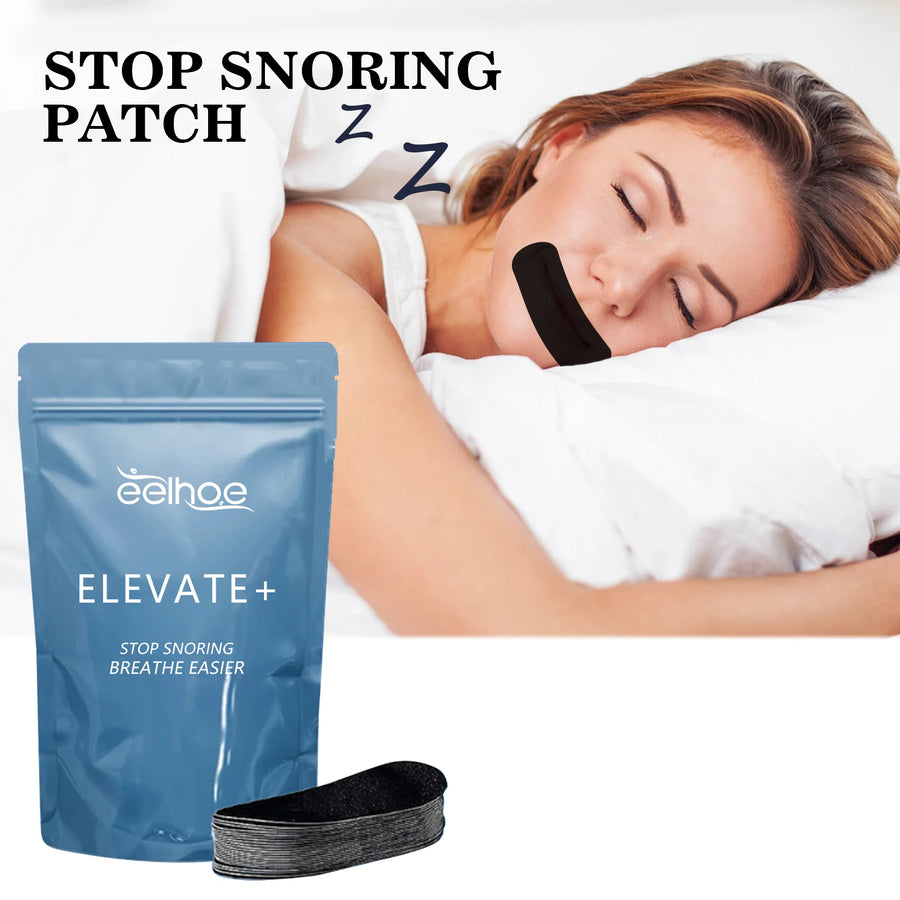 Sleep aid mouth tape product with 'Elevate+' packaging and 'Stop Snoring Patch' text next to a person