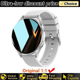 Women's Smart Watch 6 with white band on white background with promotional text about discount price