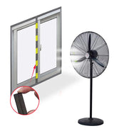 Window with a screen, standing fan, and close-up of screen strip on a white background