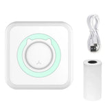 Mini Bluetooth thermal label printer device with USB cable and paper roll on white background