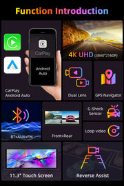 Vtopek Carplay screen features, showcasing 11.3" touchscreen, 4K resolution, GPS navigator, and dual lens functionality.