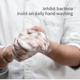 Hygiene graphic — person washing hands with soap and water, 'inhibit bacteria, insist on daily hand washing', touchless foaming soap dispenser