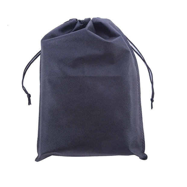 Drawstring black fabric bag for storage and organization, ideal for travel or home use.
