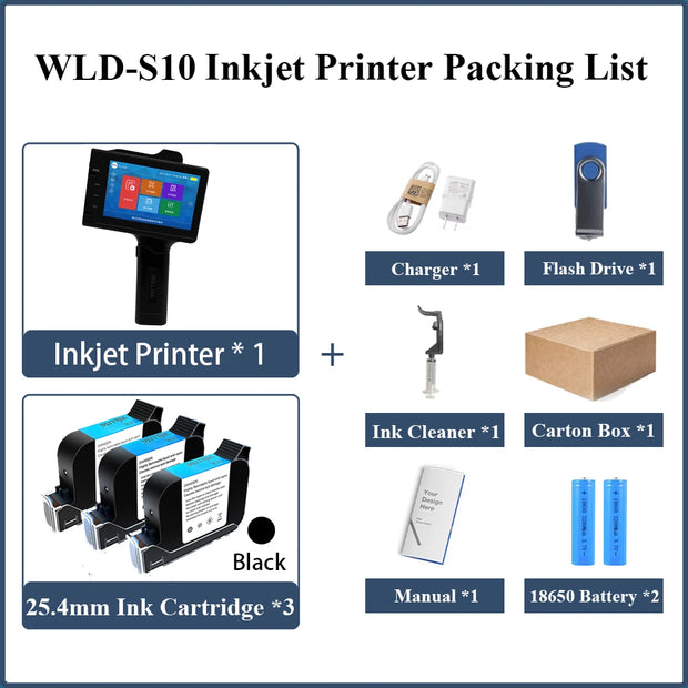 WILLITA 25.4mm Portable Handheld Inkjet Tij Printer Gun For Logo Expiry Date QR Barcode Batch Numbers Label Machine S10