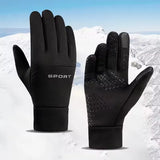 Black winter touchscreen gloves with SPORT branding and non-slip grip, shown against a snowy mountain background
