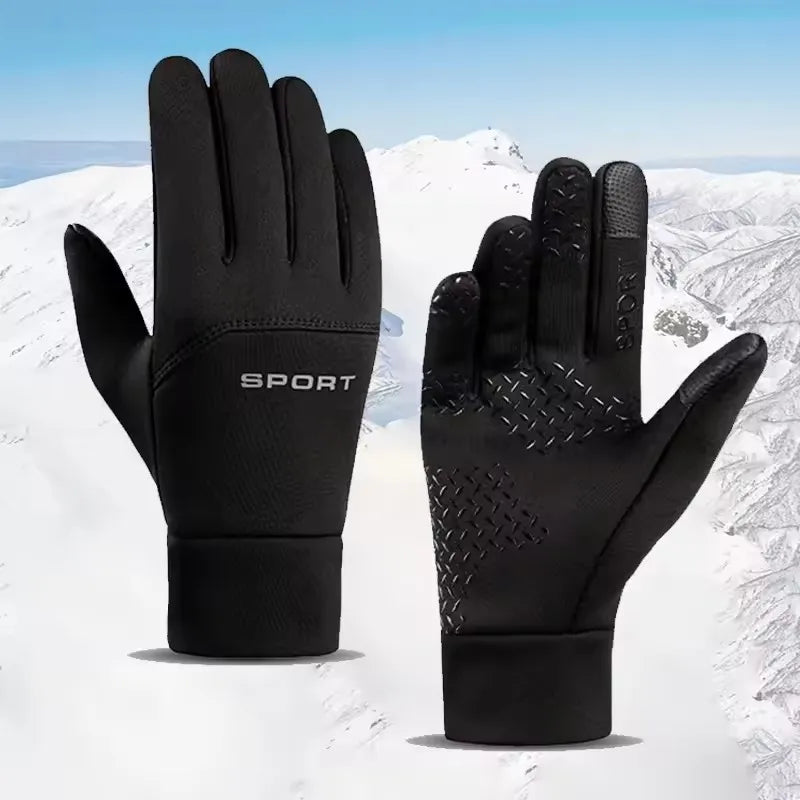 Black winter touchscreen gloves with SPORT branding and non-slip grip, shown against a snowy mountain background