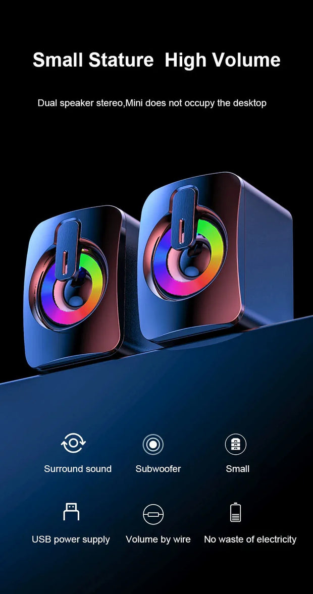 USB wired computer speakers with LED light featuring heavy bass quality and built-in bass diaphragm.