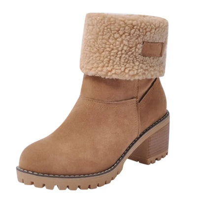 Women's Winter Snow Boots with cozy fleece collar and sturdy heel for warmth and comfort in cold weather.