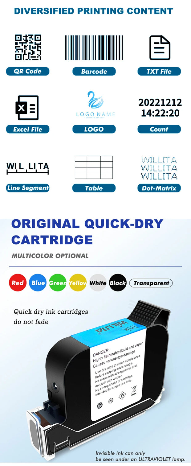 WILLITA 25.4mm Portable Handheld Inkjet Tij Printer Gun For Logo Expiry Date QR Barcode Batch Numbers Label Machine S10