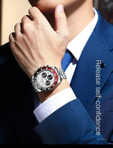Man wearing the luxury quartz dress watch with blue suit and white shirt — release self-confidence
