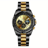 Men's quartz chronograph watch with gold dial and black-and-gold alloy band on a white background, featuring the brand 'NOTIONR'.