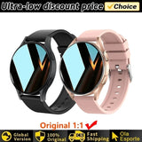 Two Women's Smart Watch 6 smartwatches, black and rose gold, on white background with promotional text
