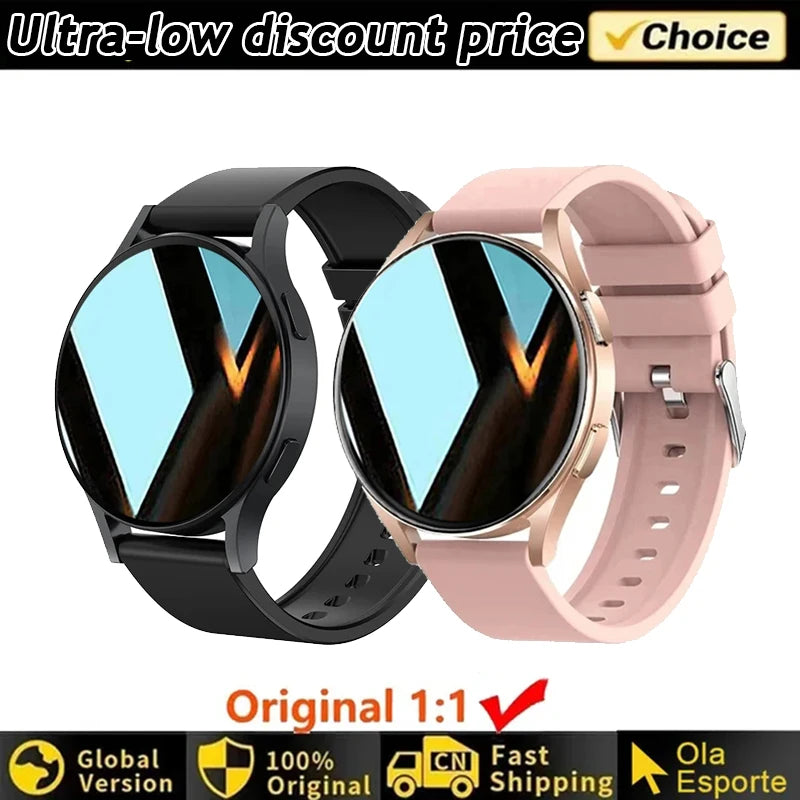 Two Women's Smart Watch 6 smartwatches, black and rose gold, on white background with promotional text