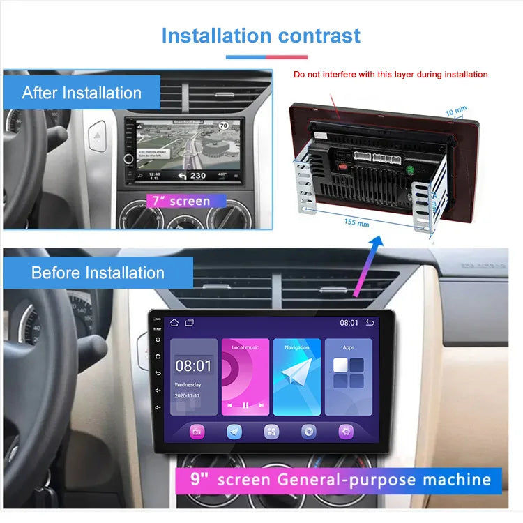 Before and after installation comparison of the car touchscreen display with CarPlay in a vehicle dashboard