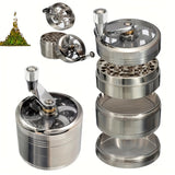 Metal grinder with multiple parts on a white background