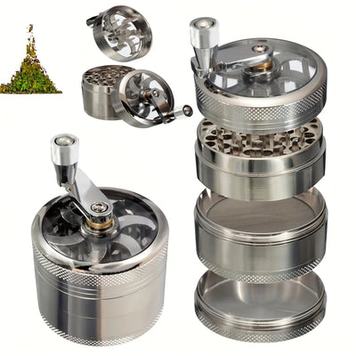 Metal grinder with multiple parts on a white background