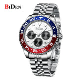 Men's silver quartz dress watch with red and blue minimalist round dial on white background
