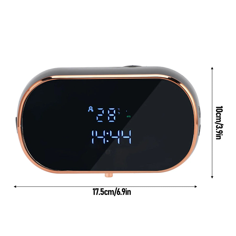 Black automatic foaming soap dispenser with rose gold frame and digital display showing time and temperature — touchless USB rechargeable