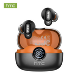 Black and orange HTC NE79 AI translation earbuds with open charging case and LED display