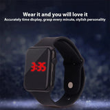 Black LED digital sport watch with red LED display on dark background, minimalist casual watch for men and women.