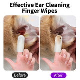 Before and after photos of a dog's ear using pet ear cleaning finger wipes, showing dirt and wax removal
