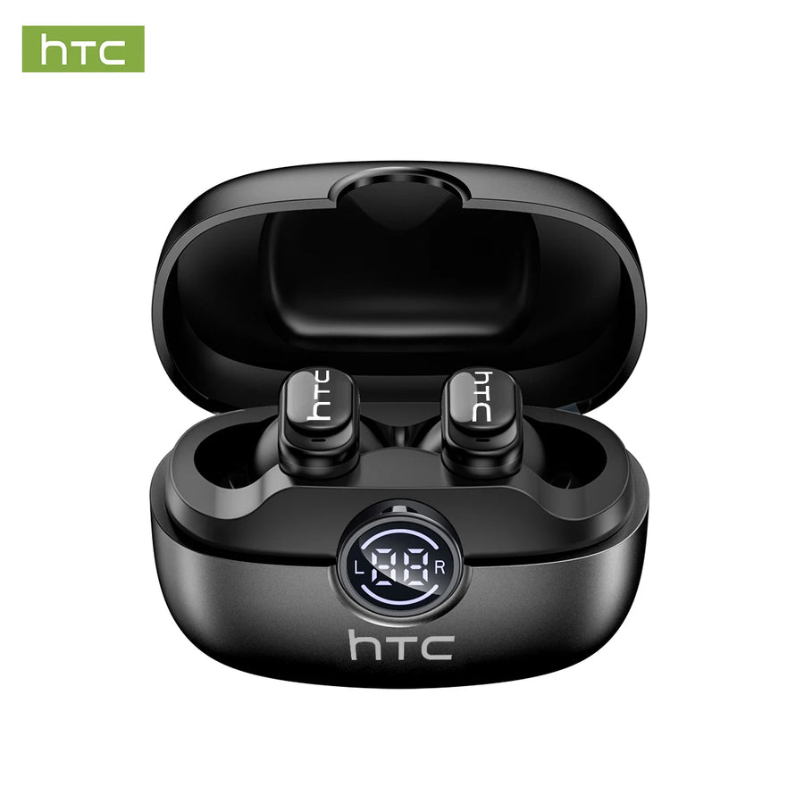 Black HTC NE79 wireless earbuds in open charging case with LED display