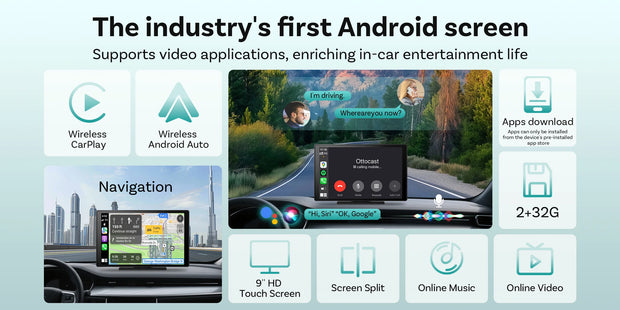 OTTOCAST CarPlay Screen 9.0" INCH 4K Car Touch Screen Wireless Carplay Android Auto Radio DVR GPS Video Built-in Youtube Netflix