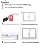 Step-by-step guide for DIY screen window installation with illustrations and text.
