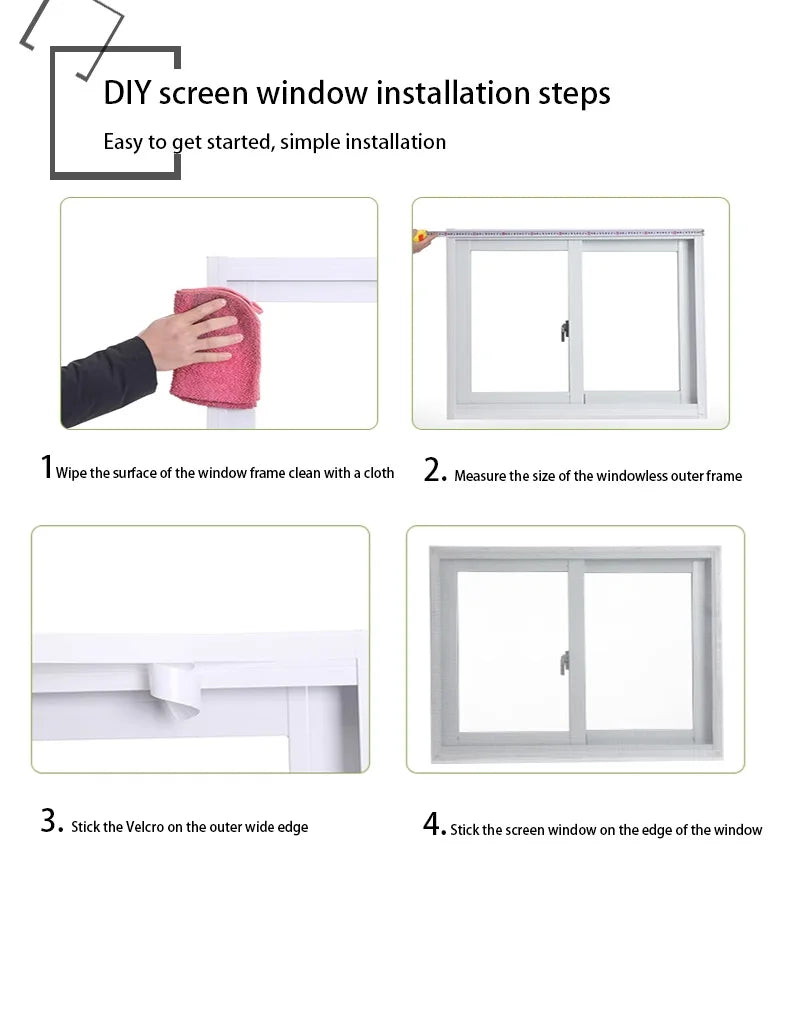 Step-by-step guide for DIY screen window installation with illustrations and text.