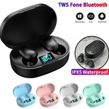 Black true wireless earbuds in open charging case with LED battery display, IPX5 waterproof, shown with blue, pink, white and green color options