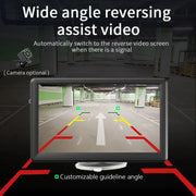 Wide angle reversing assist video on 7-inch car stereo with customizable guidelines and optional camera.