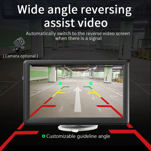 Wide angle reversing assist video on 7-inch car stereo with customizable guidelines and optional camera.