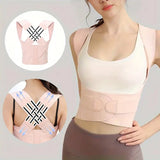 Woman wearing light pink posture corrector brace with crisscross X-back straps, with close-up detail insets